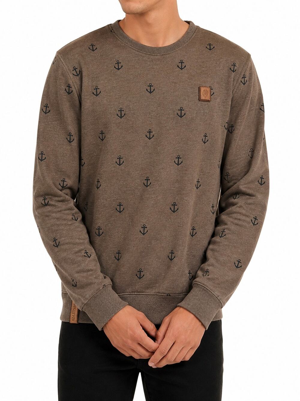 Naketano Anchor Print Sweatshirt Mens M Brown Crewneck Pullover Streetwear